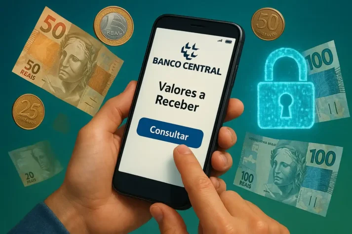 Pessoa acessando o site do Banco Central em um smartphone para resgatar valores esquecidos em Real Brasileiro, com notas de Real e cadeado de segurança.