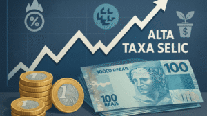Gráfico representando a alta da taxa Selic com elementos da economia brasileira como moedas, notas e símbolo do Banco Central
