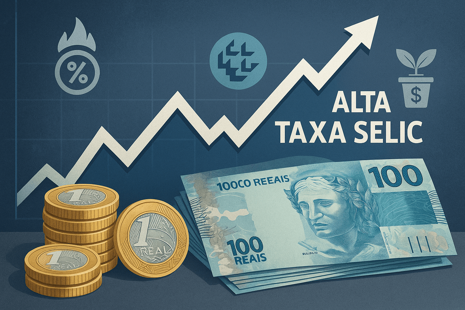 Gráfico representando a alta da taxa Selic com elementos da economia brasileira como moedas, notas e símbolo do Banco Central
