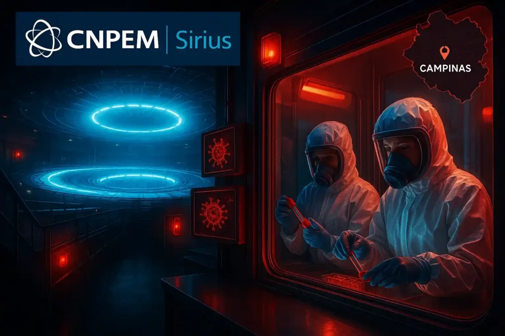 Laboratório futurista com acelerador de partículas Sirius e câmara BSL-4 Orion, cientistas em trajes de proteção, Campinas.
