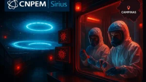 Laboratório futurista com acelerador de partículas Sirius e câmara BSL-4 Orion, cientistas em trajes de proteção, Campinas.