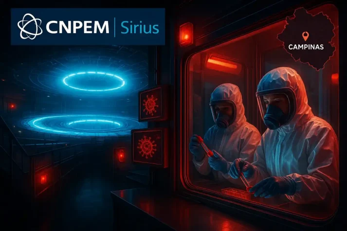 Laboratório futurista com acelerador de partículas Sirius e câmara BSL-4 Orion, cientistas em trajes de proteção, Campinas.