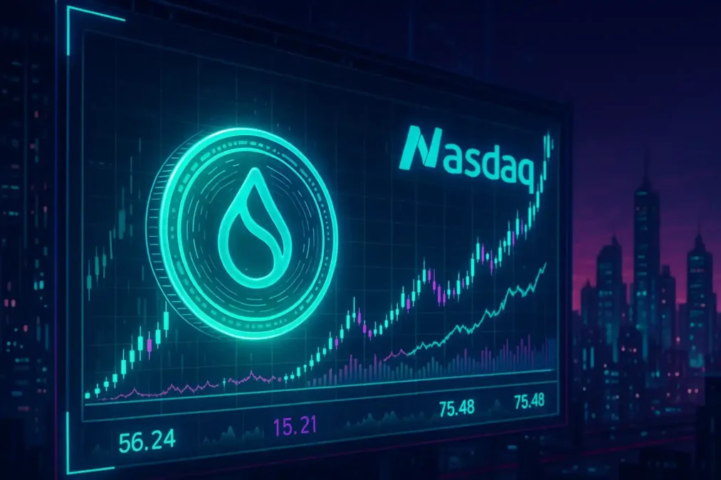 Token digital Sui brilhando em uma tela de trading com gráficos de alta e logotipo da Nasdaq ao fundo, em um cenário cyberpunk vibrante.