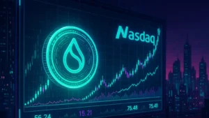 Token digital Sui brilhando em uma tela de trading com gráficos de alta e logotipo da Nasdaq ao fundo, em um cenário cyberpunk vibrante.