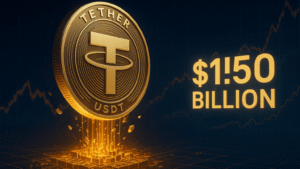 Ilustração 3D realista do Tether USDT ultrapassando US$ 150 bilhões, com efeitos digitais e gráficos de transações.