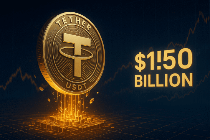 Ilustração 3D realista do Tether USDT ultrapassando US$ 150 bilhões, com efeitos digitais e gráficos de transações.