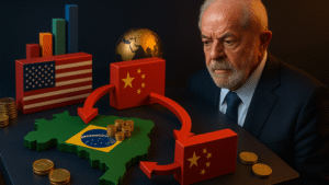 Imagem representando o presidente Lula analisando os impactos da trégua tarifária EUA-China para o Brasil, com elementos simbólicos de comércio e economia global.