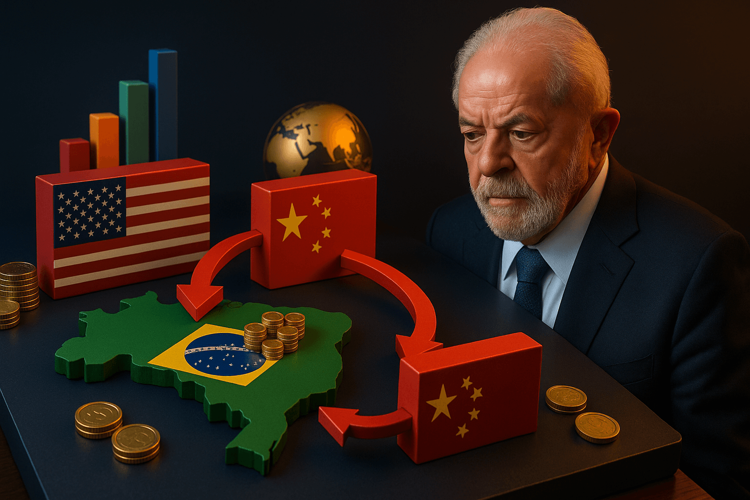 Imagem representando o presidente Lula analisando os impactos da trégua tarifária EUA-China para o Brasil, com elementos simbólicos de comércio e economia global.