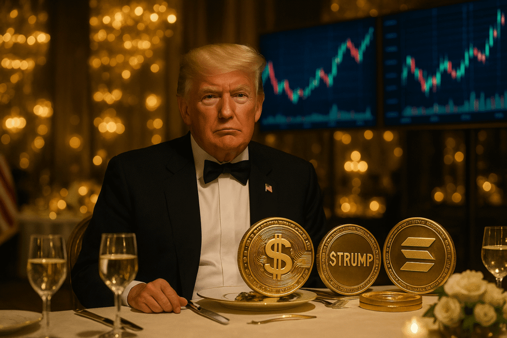 Donald Trump em jantar de gala com apoiadores da memecoin TRUMP, rodeado por símbolos de criptomoedas.
