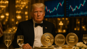 Donald Trump em jantar de gala com apoiadores da memecoin TRUMP, rodeado por símbolos de criptomoedas.