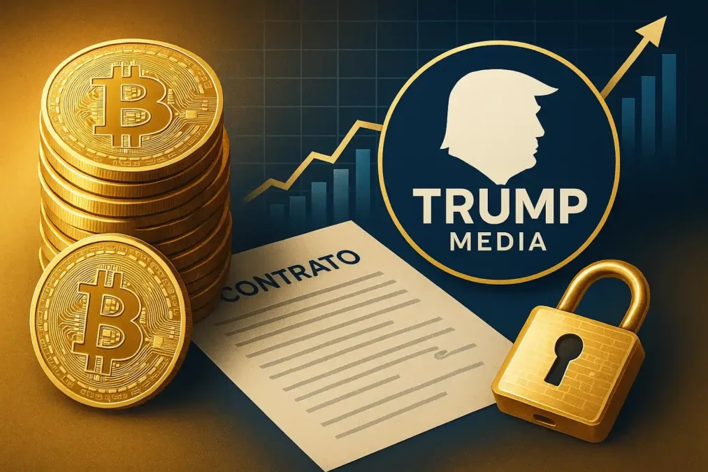 Moedas de Bitcoin com o logo da Trump Media, um contrato e um gráfico financeiro, simbolizando o acordo de US$ 2,5 bilhões para um tesouro cripto.