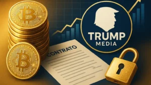 Moedas de Bitcoin com o logo da Trump Media, um contrato e um gráfico financeiro, simbolizando o acordo de US$ 2,5 bilhões para um tesouro cripto.