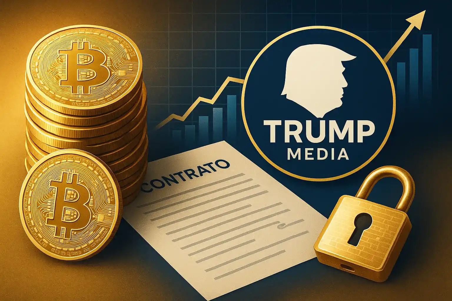 Moedas de Bitcoin com o logo da Trump Media, um contrato e um gráfico financeiro, simbolizando o acordo de US$ 2,5 bilhões para um tesouro cripto.