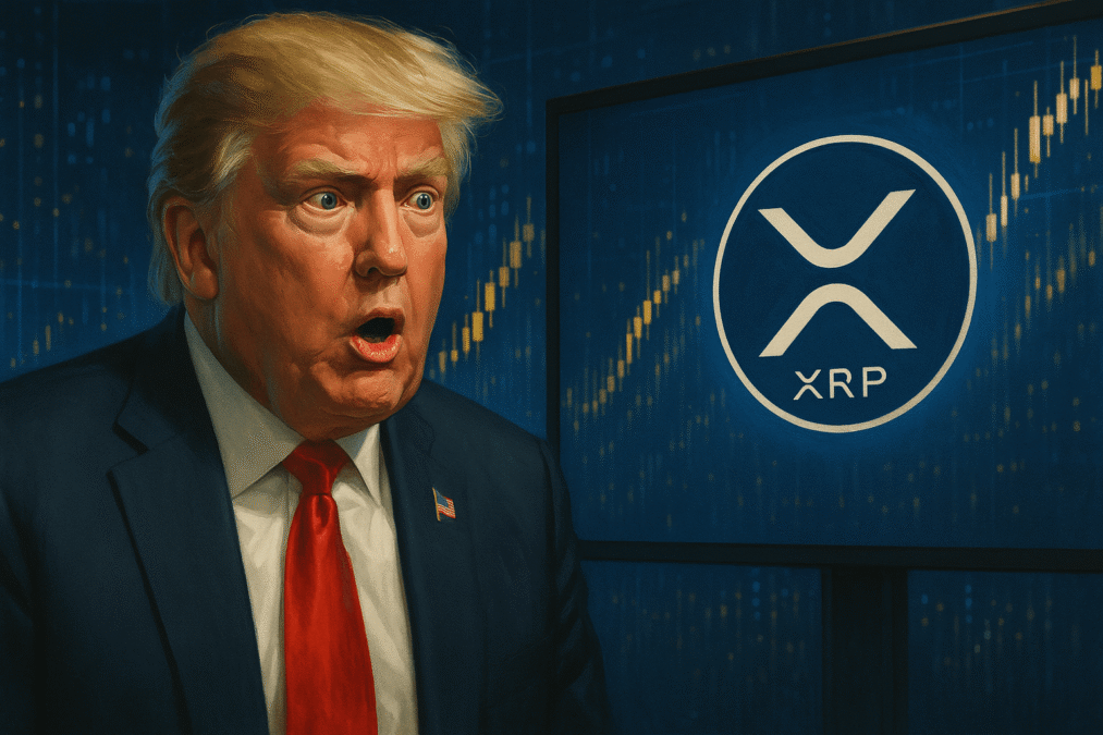 Donald Trump olhando para uma tela com o logo do XRP, enquanto gráficos de criptomoedas sobem ao fundo, simbolizando manipulação de mercado.