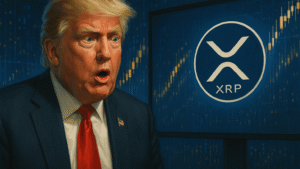 Donald Trump olhando para uma tela com o logo do XRP, enquanto gráficos de criptomoedas sobem ao fundo, simbolizando manipulação de mercado.