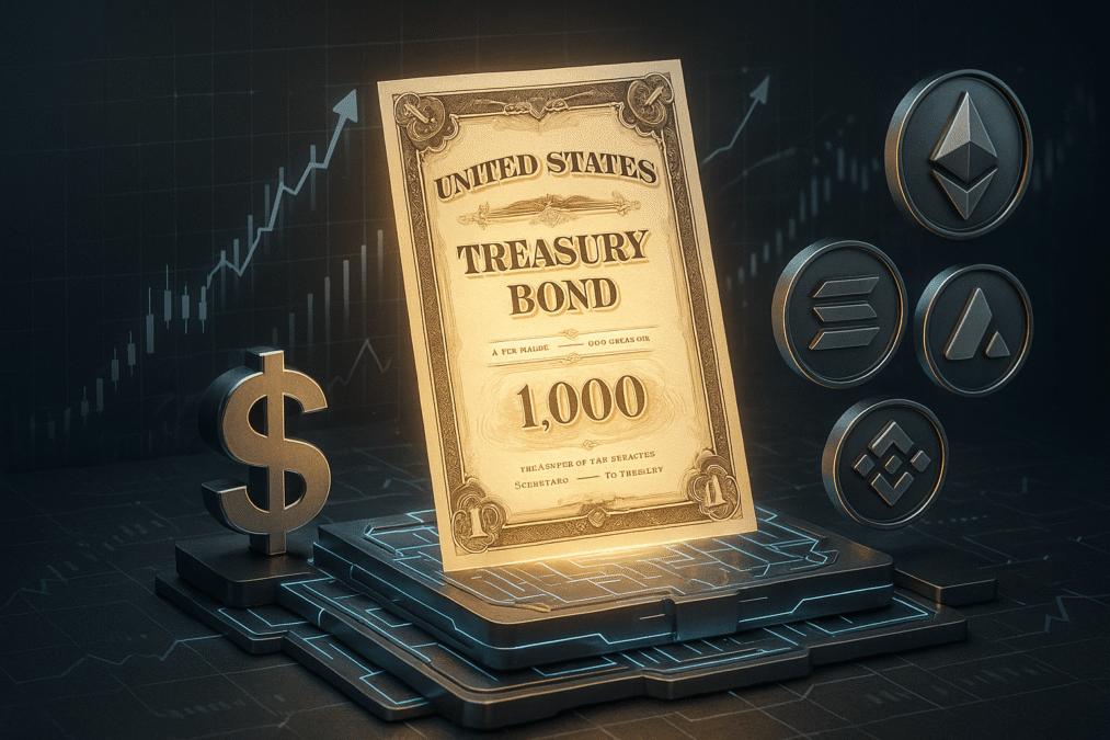 Ilustração 3D do fundo tokenizado VBILL da VanEck com títulos do Tesouro em blockchain.