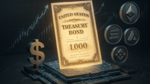 Ilustração 3D do fundo tokenizado VBILL da VanEck com títulos do Tesouro em blockchain.