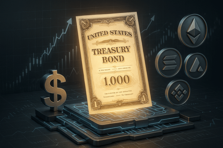 Ilustração 3D do fundo tokenizado VBILL da VanEck com títulos do Tesouro em blockchain.