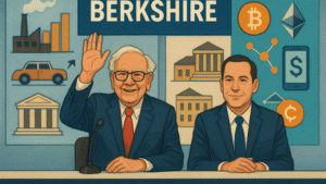 Warren Buffett em conferência da Berkshire Hathaway, com expressão séria, ao fundo o símbolo do Bitcoin.