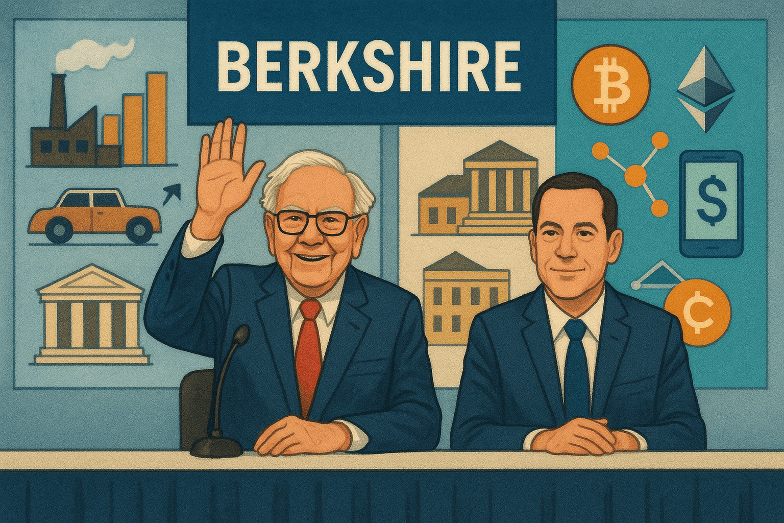 Warren Buffett em conferência da Berkshire Hathaway, com expressão séria, ao fundo o símbolo do Bitcoin.
