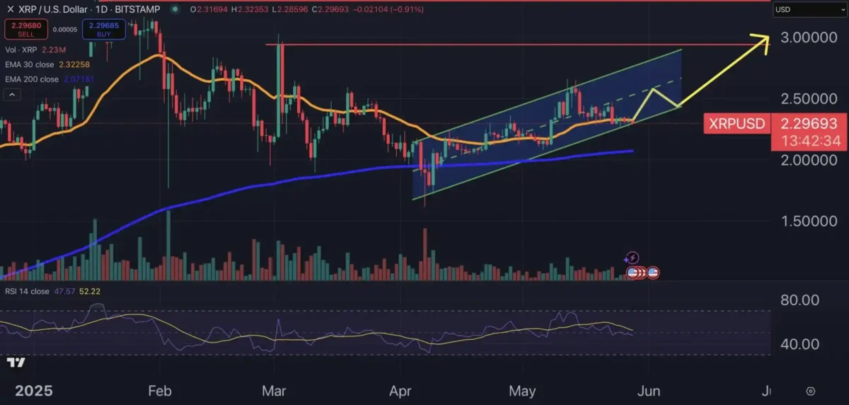 Gráfico de trading do XRP/US Dollar mostrando análise técnica com velas, médias móveis e projeção de preço até US$ 3,00.