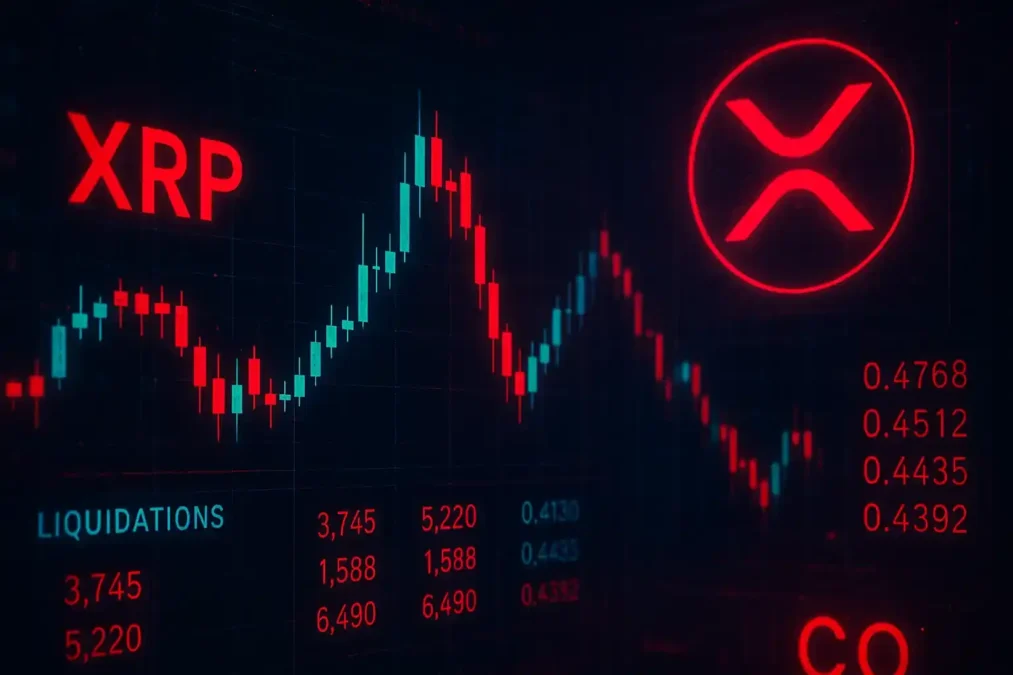 Tela de trading com gráficos de velas vermelhas e verdes mostrando a volatilidade do XRP, com o logotipo da Ripple ao fundo em um cenário tenso.