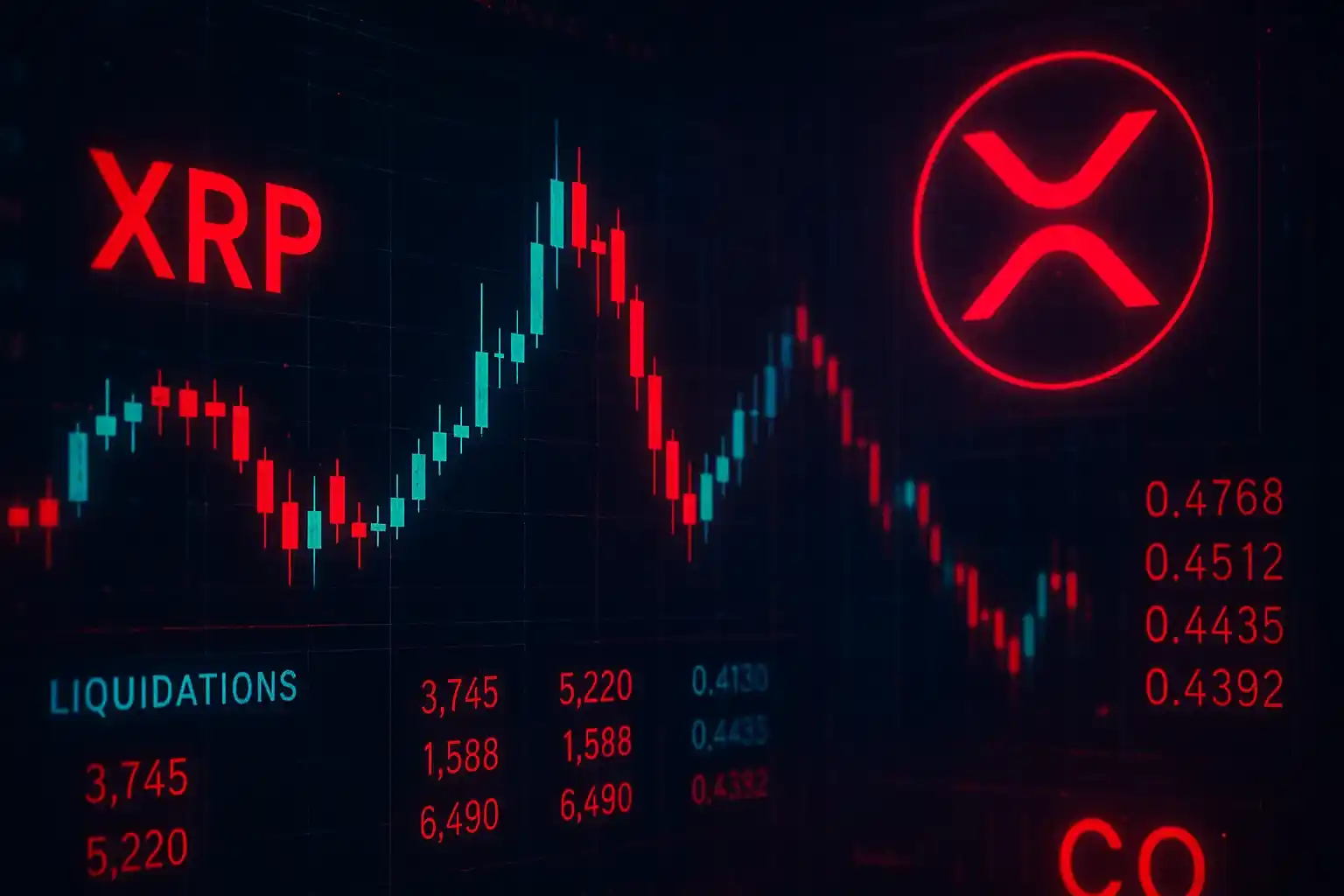Tela de trading com gráficos de velas vermelhas e verdes mostrando a volatilidade do XRP, com o logotipo da Ripple ao fundo em um cenário tenso.