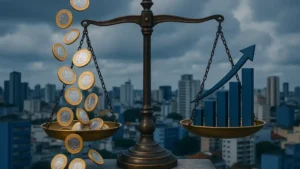 Balança econômica com moedas de real e gráficos de juros sob céu nublado, simbolizando o impacto da Selic a 15% no Brasil.