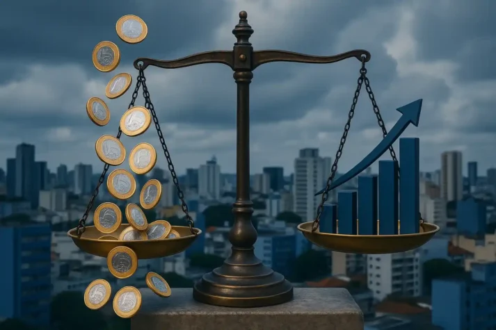 Balança econômica com moedas de real e gráficos de juros sob céu nublado, simbolizando o impacto da Selic a 15% no Brasil.