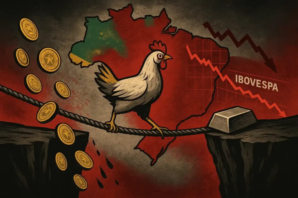 Ilustração de uma corda bamba sobre abismo econômico com mapa do Brasil, moedas caindo, galinha, lingote de aço e gráfico descendente.