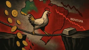 Ilustração de uma corda bamba sobre abismo econômico com mapa do Brasil, moedas caindo, galinha, lingote de aço e gráfico descendente.