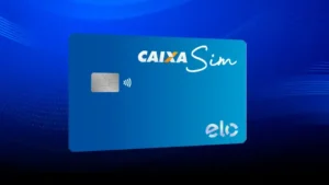Cartão Caixa SIM nas bandeiras Visa e Elo sobre fundo verde-água, com ícones de compras e celular destacando anuidade zero e praticidade.