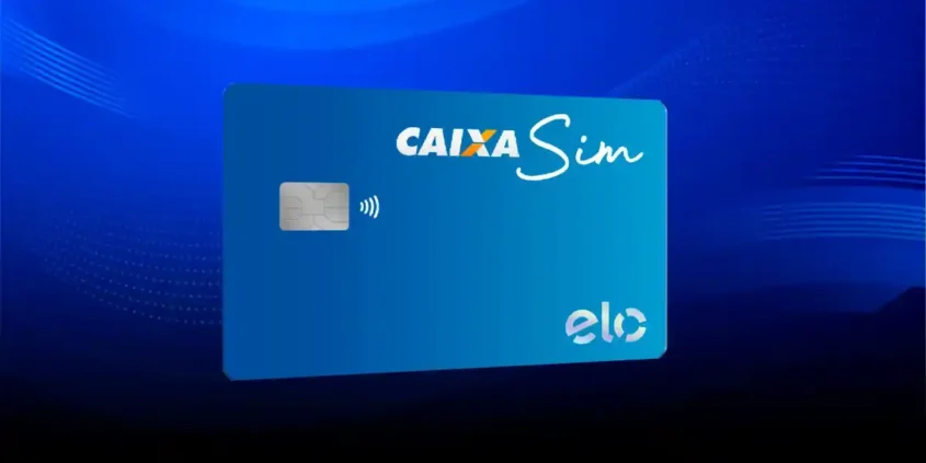 Cartão Caixa SIM nas bandeiras Visa e Elo sobre fundo verde-água, com ícones de compras e celular destacando anuidade zero e praticidade.