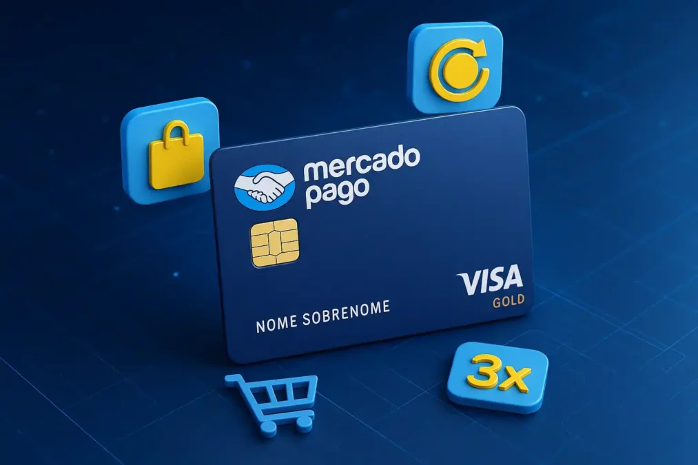 Cartão de crédito Mercado Pago em fundo digital com ícones de compras online, cashback e benefícios Visa Gold.