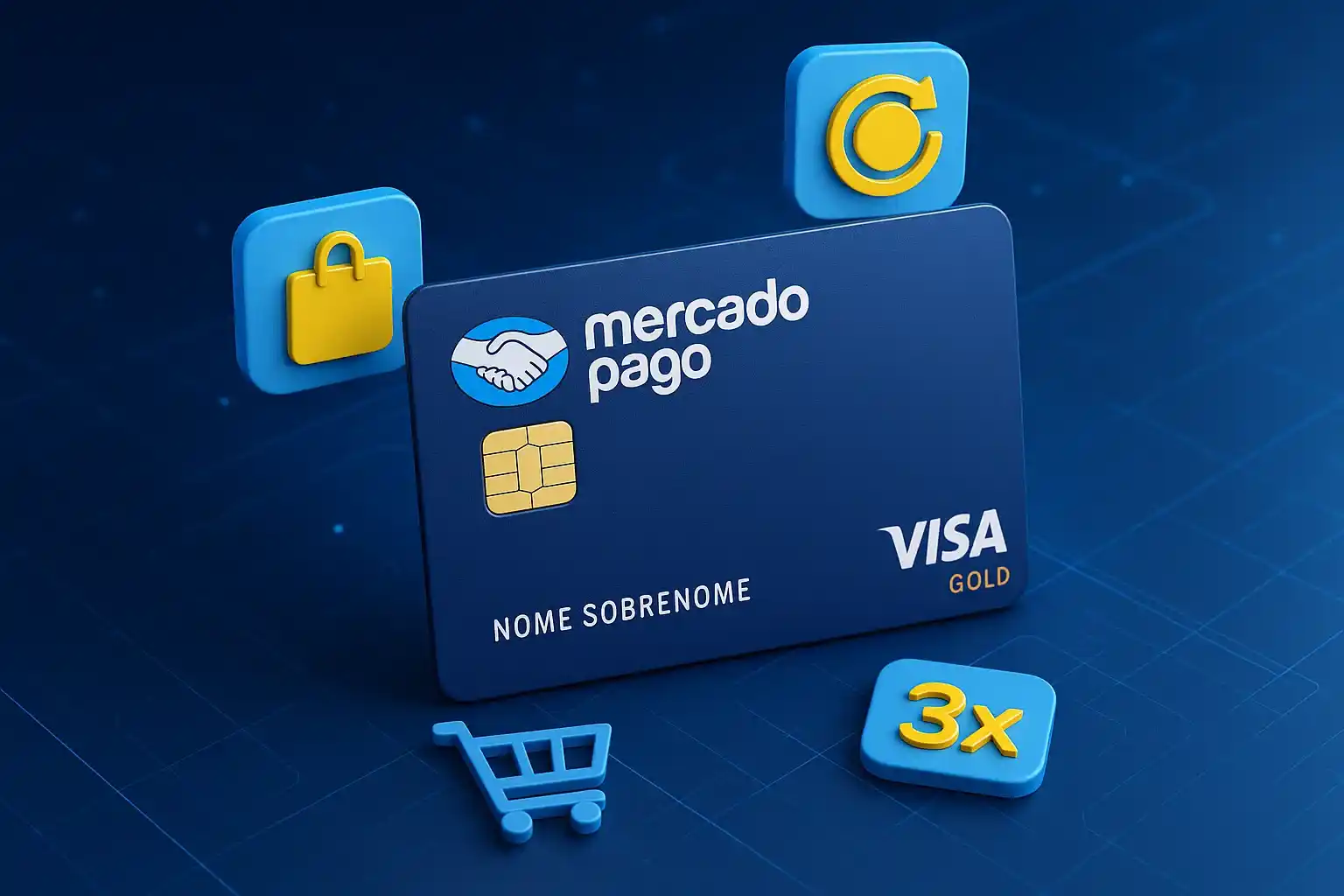 Cartão de crédito Mercado Pago em fundo digital com ícones de compras online, cashback e benefícios Visa Gold.