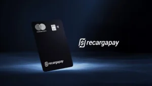 Cartão RecargaPay Mastercard Black com logo da Mastercard e design elegante em fundo azul escuro, destacando cashback e spread zero.