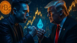 Ilustração digital de Elon Musk e Donald Trump em confronto, com gráficos de criptomoedas e economia global ao fundo em estilo cyberpunk.