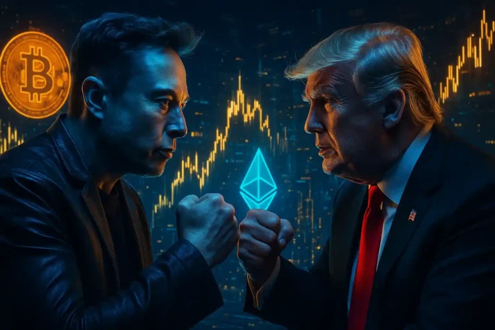 Ilustração digital de Elon Musk e Donald Trump em confronto, com gráficos de criptomoedas e economia global ao fundo em estilo cyberpunk.