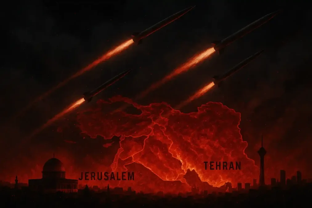 Imagem tensa de mísseis cruzando o céu noturno sobre Jerusalém e Teerã, com mapas do Oriente Médio em chamas, tons vermelhos e cinzas, simbolizando a guerra Israel-Irã em 2025.