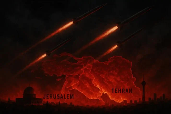 Imagem tensa de mísseis cruzando o céu noturno sobre Jerusalém e Teerã, com mapas do Oriente Médio em chamas, tons vermelhos e cinzas, simbolizando a guerra Israel-Irã em 2025.