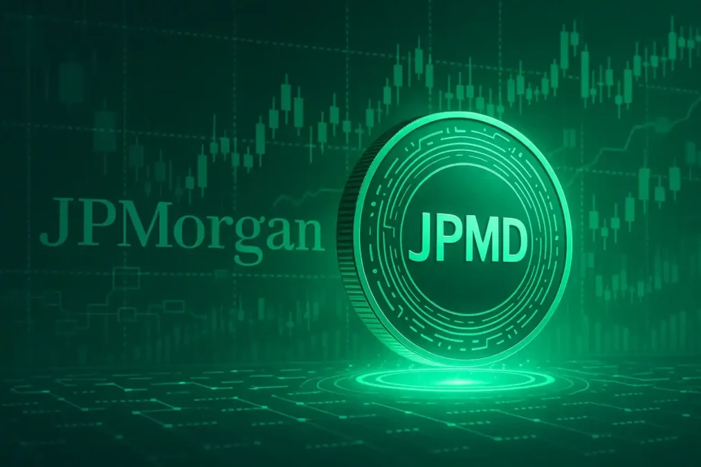 Imagem futurista de um token digital JPMD brilhando sobre um fundo de blockchain, com o logo do JPMorgan e gráficos financeiros, tons verdes e azuis, simbolizando inovação em criptomoedas.
