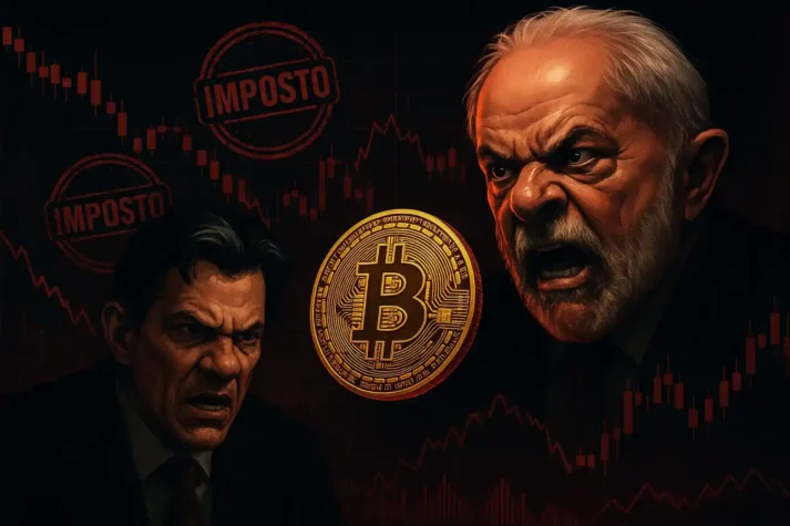 Imagem dramática de um Bitcoin flutuando com gráficos financeiros e selos de imposto, Lula e Haddad como vilões, tons escuros e luz vermelha, simbolizando tensão no mercado cripto.