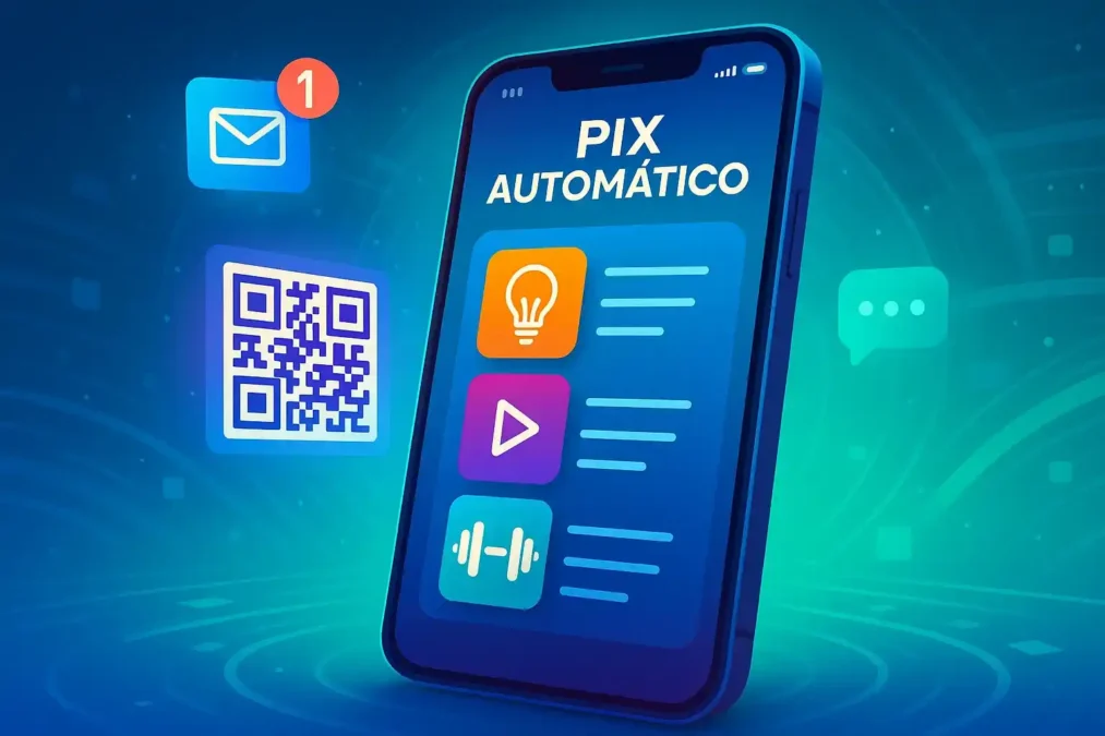 Smartphone exibindo o Pix Automático com ícones de contas de luz, streaming e academia em um fundo futurista azul e verde.