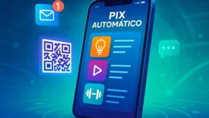 Smartphone exibindo o Pix Automático com ícones de contas de luz, streaming e academia em um fundo futurista azul e verde.