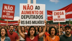 Manifestantes protestam contra o aumento de deputados em frente ao Congresso Nacional, com cartazes criticando o custo de R$ 845 milhões.