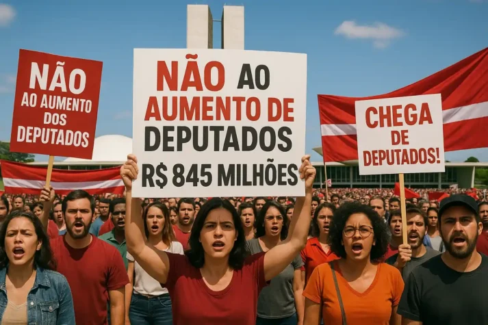 Manifestantes protestam contra o aumento de deputados em frente ao Congresso Nacional, com cartazes criticando o custo de R$ 845 milhões.