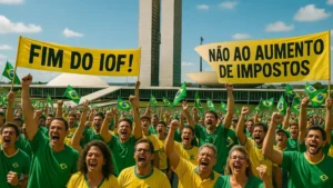 Manifestantes celebram a derrubada do aumento do IOF em frente ao Congresso Nacional, com faixas contra impostos.