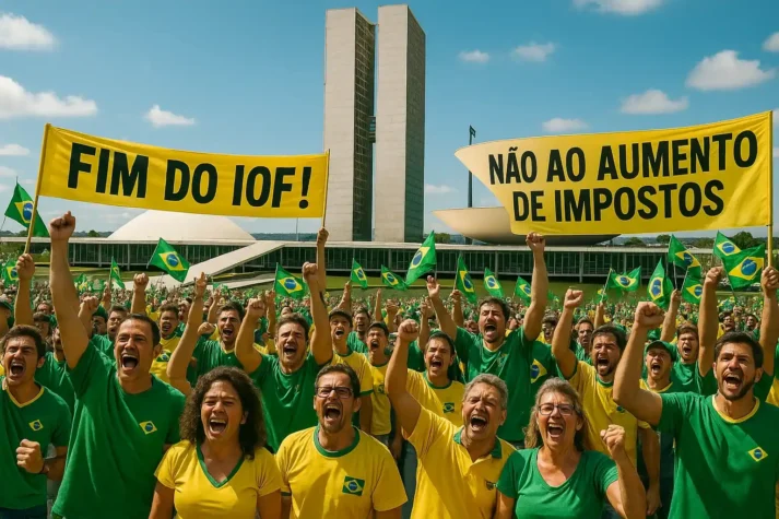 Manifestantes celebram a derrubada do aumento do IOF em frente ao Congresso Nacional, com faixas contra impostos.