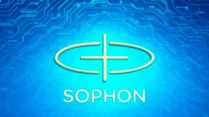 Logo do Sophon ZK Chain em dourado sobre um fundo azul com redes digitais e circuitos, representando criptomoedas e tecnologia blockchain.