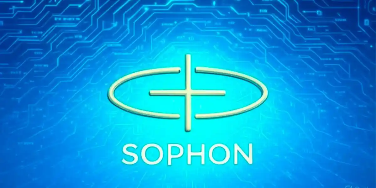 Logo do Sophon ZK Chain em dourado sobre um fundo azul com redes digitais e circuitos, representando criptomoedas e tecnologia blockchain.